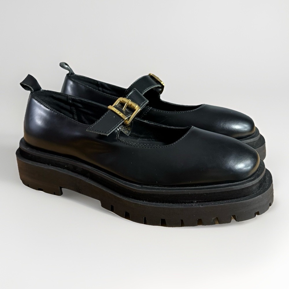Black Mary Jane Lug Sole Flats with Gold Buckle